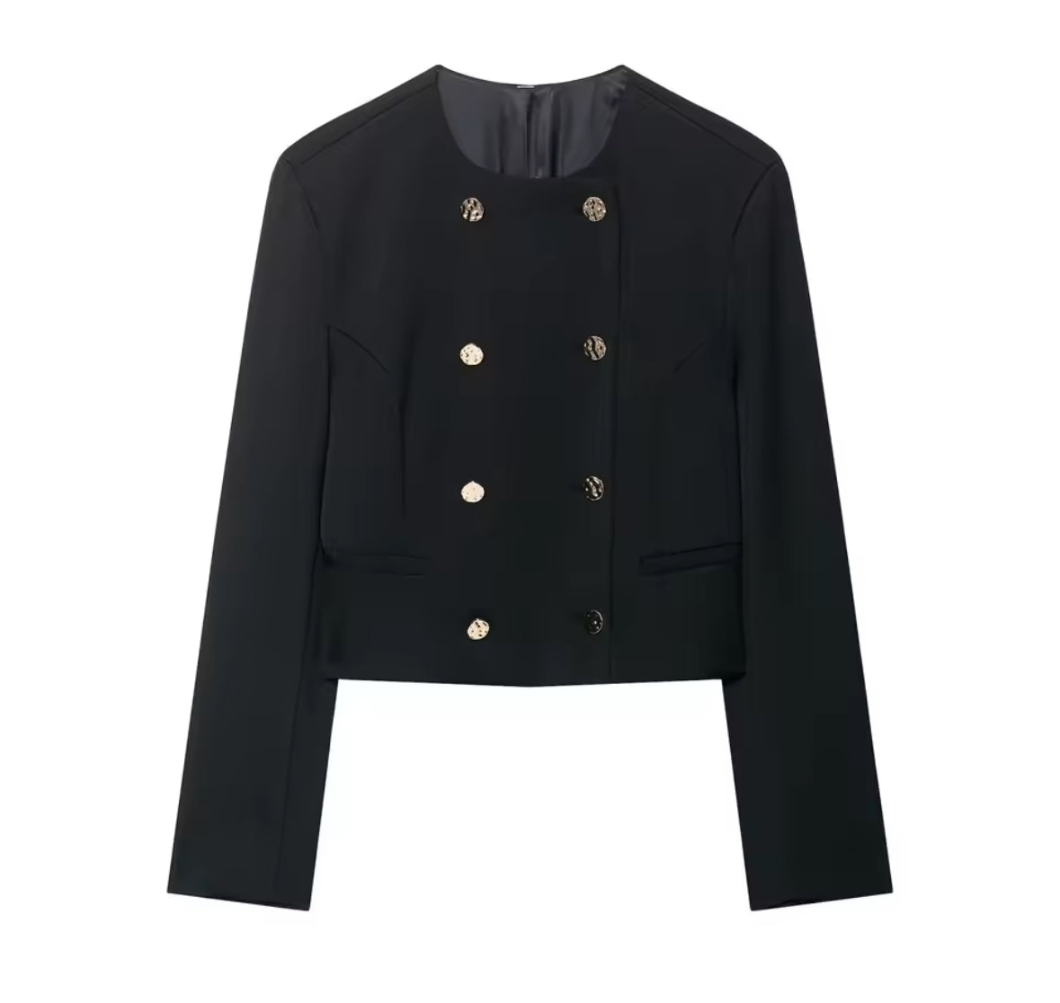 Blazers lisos de manga larga con cuello redondo y doble botonadura para mujer, chaqueta corta ajustada con botones de Metal para oficina