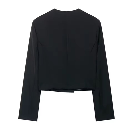 Blazers lisos de manga larga con cuello redondo y doble botonadura para mujer, chaqueta corta ajustada con botones de Metal para oficina